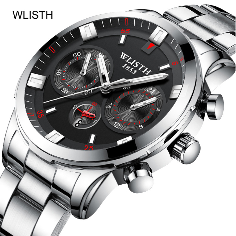 Men Casual Quartz Watch Stainless Steel Wrist Waterproof Luminous Dial Sports WristWatch silver shell black surface steel belt 2#
