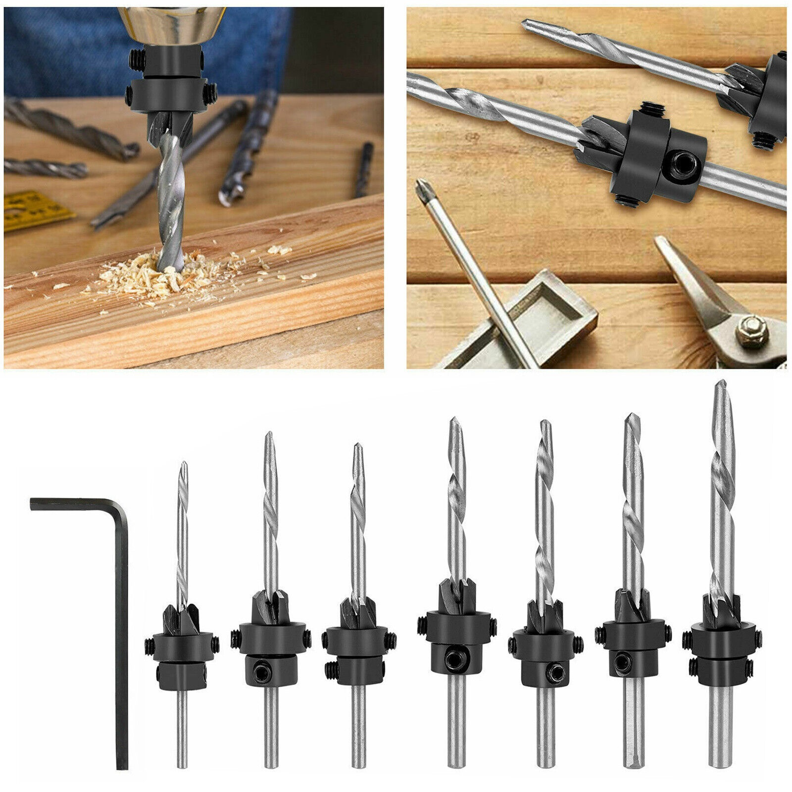 7Pcs Countersink Drill Bit Set, Heat-treated Steel, 1/8 Inch, 9/64 Inch, 5/32 Inch, 11/64 Inch, 3/16 Inch, 13/64 Inch, 7/32 Inch Chamfered Adjustable Drilling Tool Kit For Woodworking 7pcs with wrench