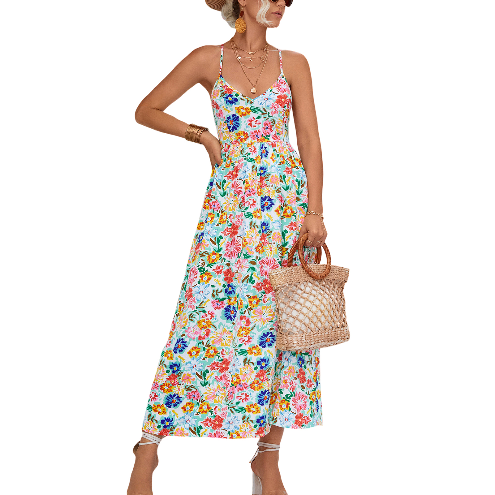 Women Floral Print Dress Sleeveless Backless V Neck Tie Back Thigh Split Spaghetti Strap Long Maxi Dress White L