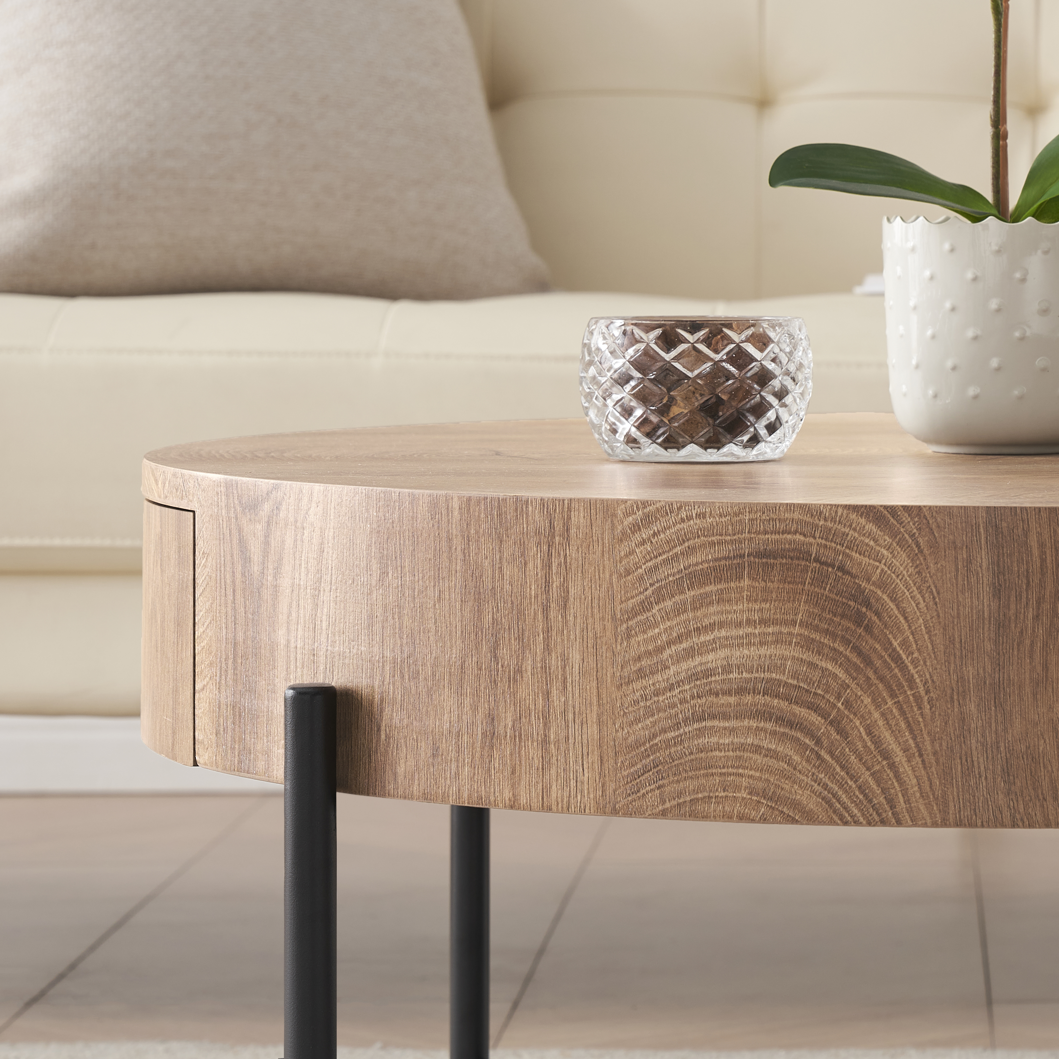 US GARVEE Farmhouse Round Coffee Table with Two Drawers + Wood & Metal + Vintage Style + Easy Assembly + Living Room Centerpiece