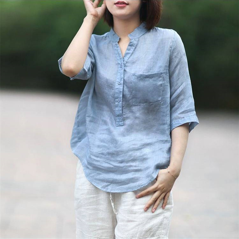 Women Summer Casual Cotton and Linen Stand Collar Shirt  Loose Mid-length Sleeve Shirt Ice blue_M
