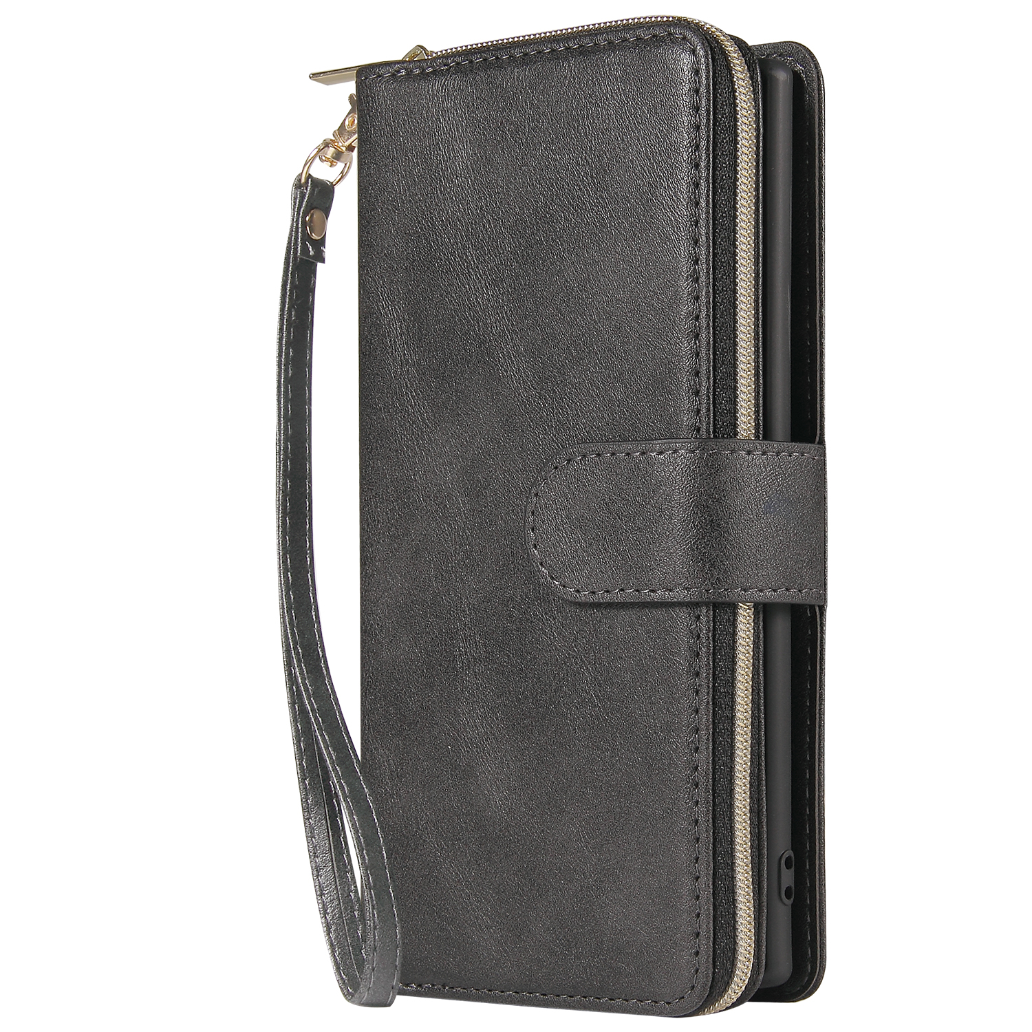 For Samsung A51 5G/A71 5G/Note 10 pro Pu Leather Mobile Phone Cover Zipper Card Bag + Wrist Strap black
