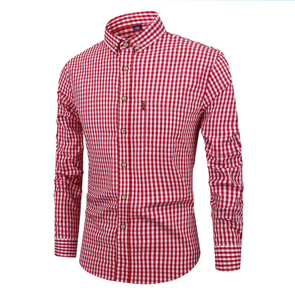 Men Long Sleeves T-shirt Casual Button Down Breathable Cotton Shirt Plaid Printing Slim Fit Tops With Pocket Red and white 43 3XL