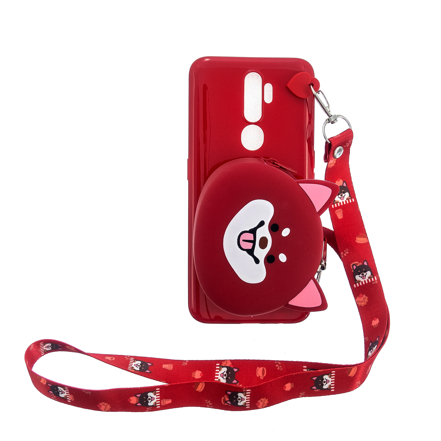 For OPPO A83/A9 2020 Cellphone Case Mobile Phone TPU Shell Shockproof Cover with Cartoon Cat Pig Panda Coin Purse Lovely Shoulder Starp Red
