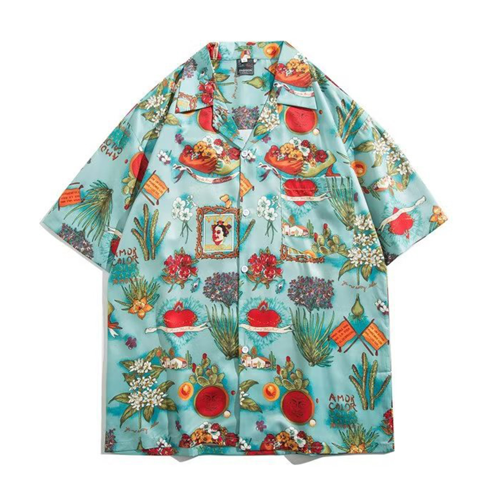 Men Lapel Short Sleeves T-shirt Retro Hawaiian Floral Printing Beach Shirt Loose Cardigan Tops 1322# green 3XL