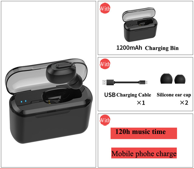 Bluetooth Earphone Sports Wireless Mini HiFi Handsfree Headphone Stereo Sound Earbuds Gaming Headset with Charging Box black
