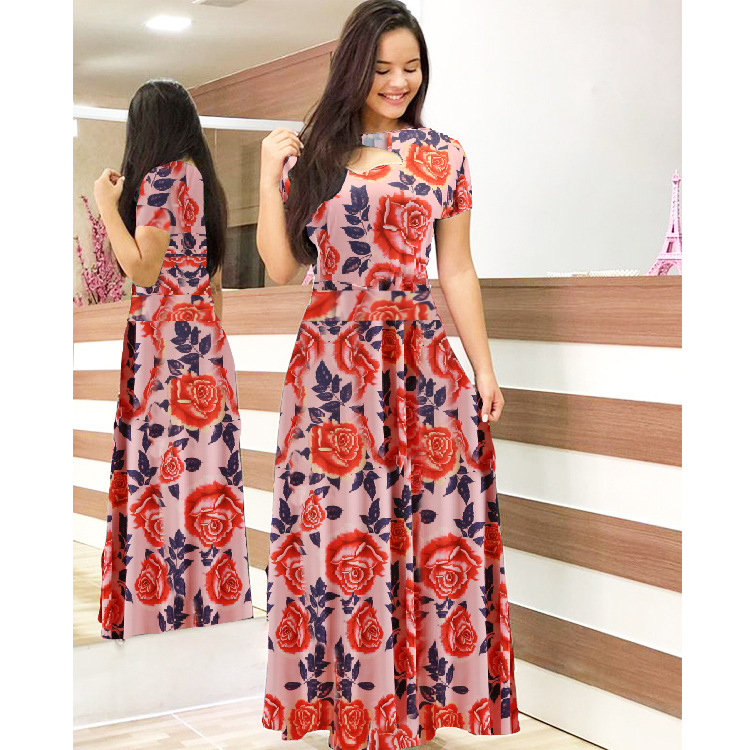 Summer Women Short Sleeves Dress Round Neck Hallow Out Digital Printing Large Swing Long Skirt Casual Large Size Dress W short sleeve 4XL