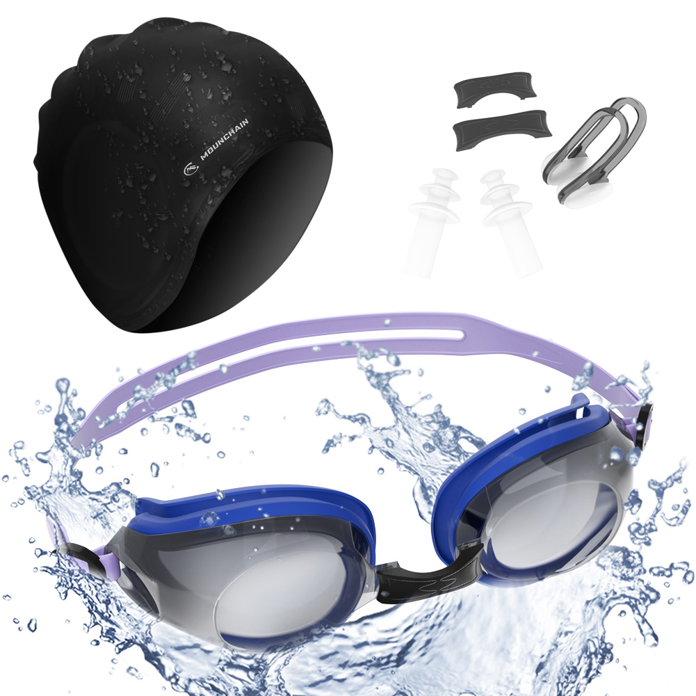 MOUNCHAIN Swimming Cap Swimming Goggles, Premium-Quality Silicone Swim Cap&Anti Fog UV Protective Goggles for Adult(Nose Clip Ear Plugs Sets Included)