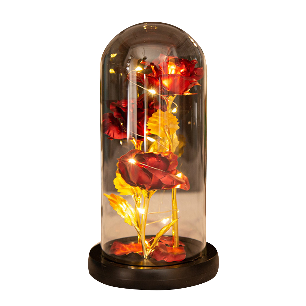 Colored  Roses  Ornaments 3 Flowers Glass-covered Gold-leaf Artifical Roses Luminous Led Night Light Creative Valentine Day Gifts Red flowers black