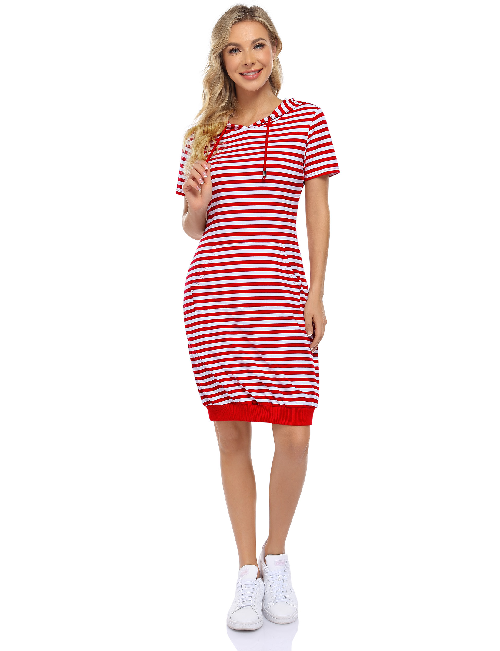 US MISSKY Women's Casual Short Sleeve Solid Color Pullover Hooded Tunic Dress with Kangaroo Pocket