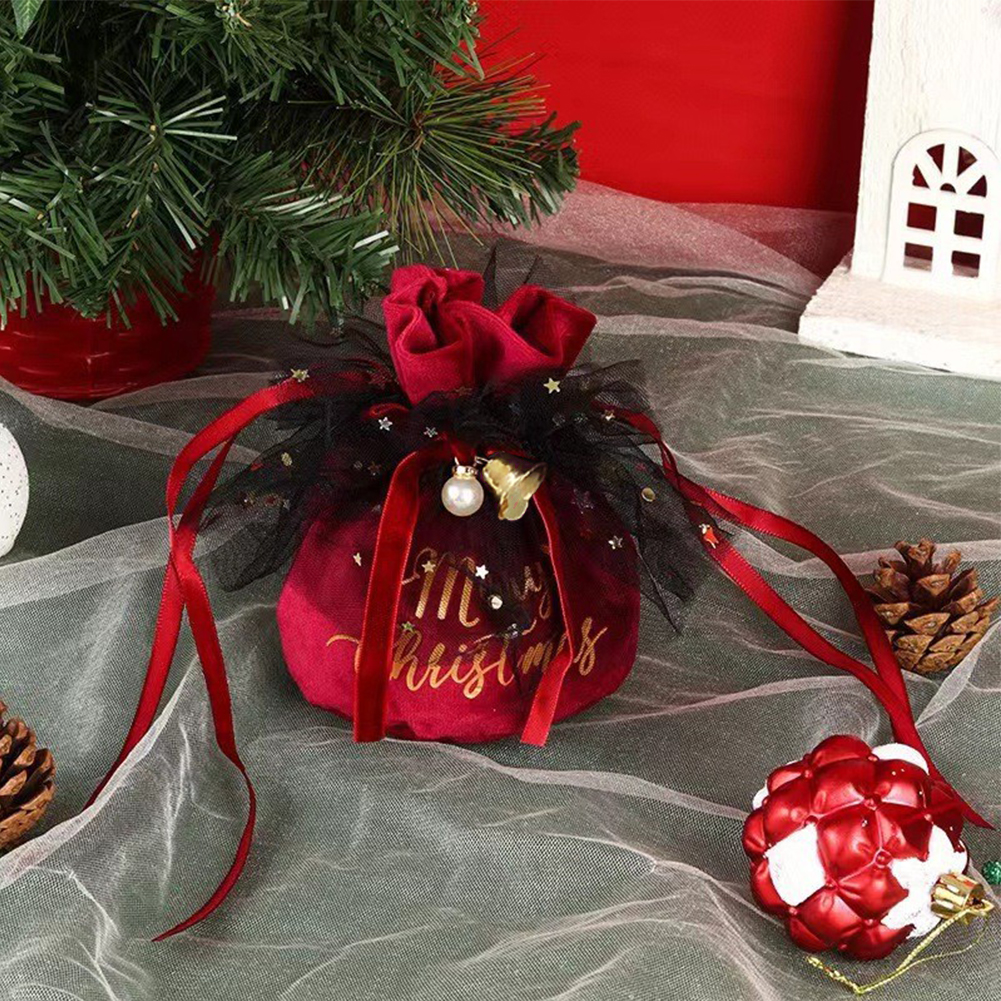 Christmas Velvet Gift Bags with Pearls Bells Drawstring Wrapping Bag