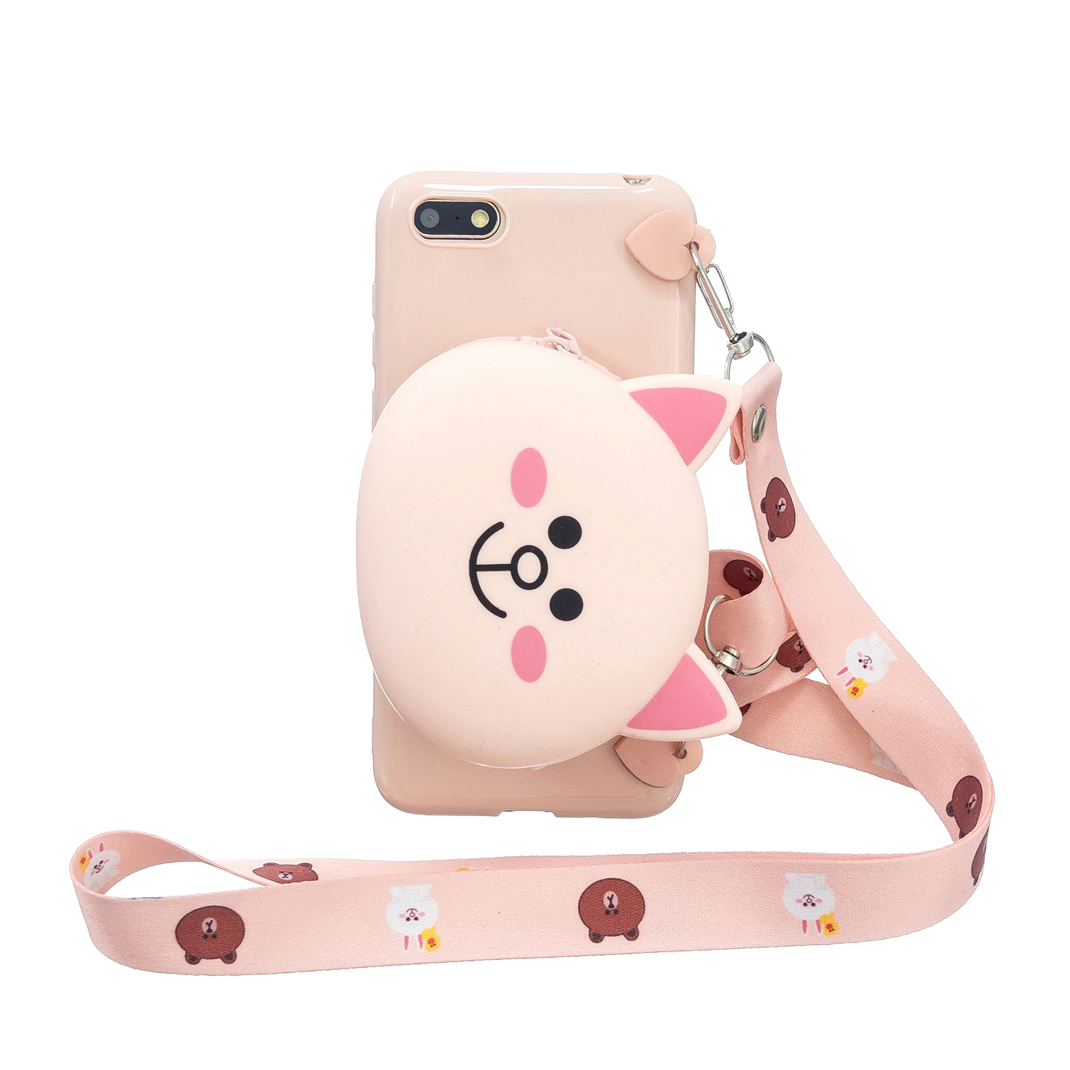 For HUAWEI Y5 2018/Y5 2019 Cellphone Case Mobile Phone Shell Shockproof TPU Cover with Cartoon Cat Pig Panda Coin Purse Lovely Shoulder Starp  Pink