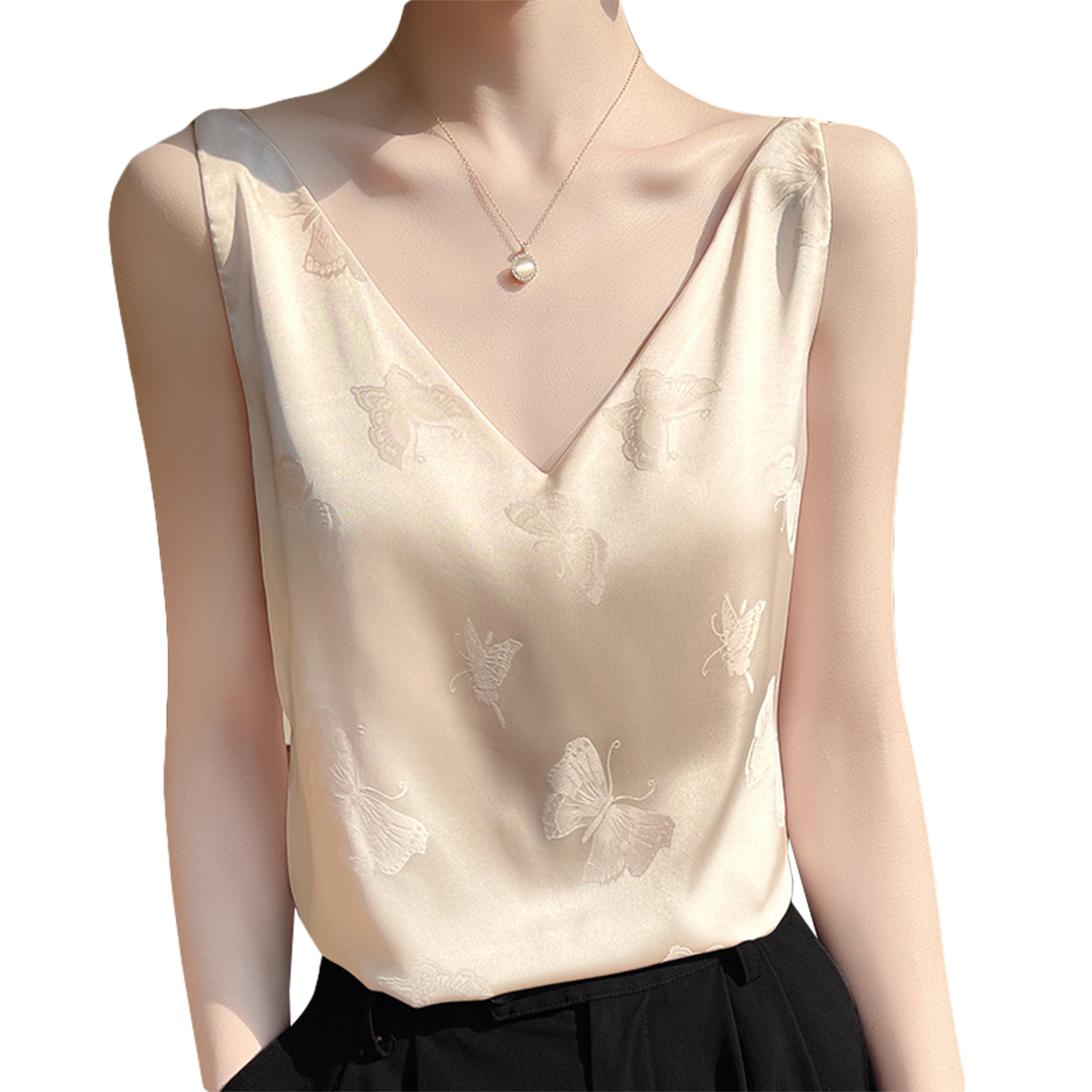Summer French Camisole V-neck Jacquard Satin Slim Fit Solid Color Tank Top For Women champagne M