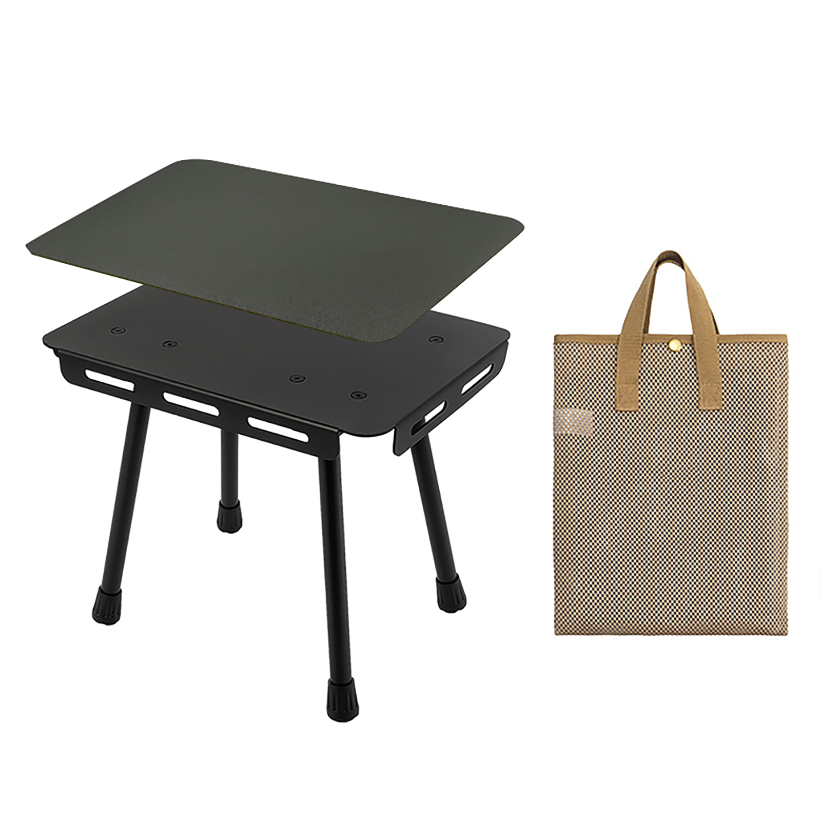 Portable Folding Table Set Height Adjustable Aluminum Alloy Camping Outdoor Lightweight Table For Outdoor Camping Beach Backyards BBQ Parties C stool +PU cushion army green