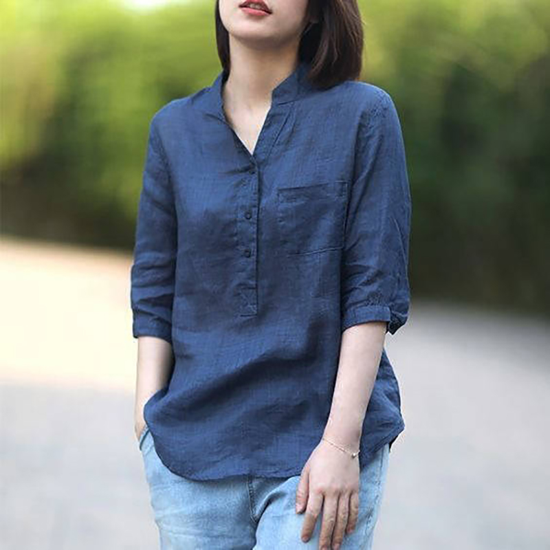 Women Summer Casual Cotton and Linen Stand Collar Shirt  Loose Mid-length Sleeve Shirt Navy_XXXL