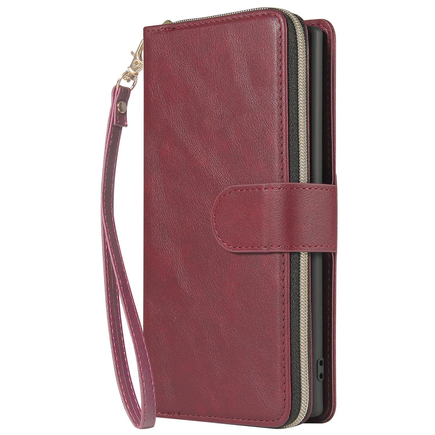 For Samsung A51 5G/A71 5G/Note 10 pro Pu Leather  Mobile Phone Cover Zipper Card Bag + Wrist Strap Red wine