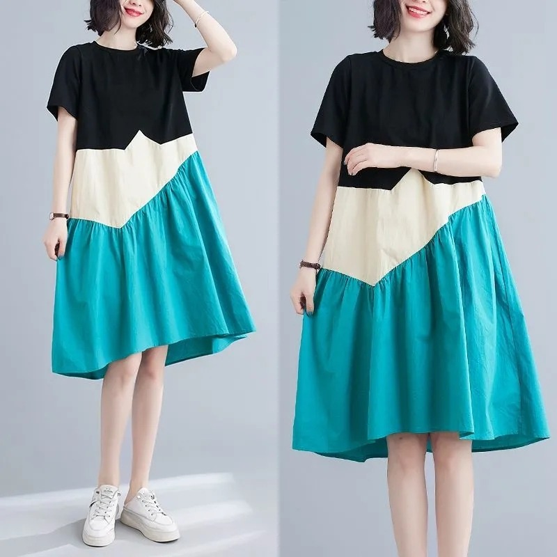 Fashion Maternity Dress For Women Summer Round Neck Short Sleeves A-line Skirt Loose Large Size Pullover Dress blue L