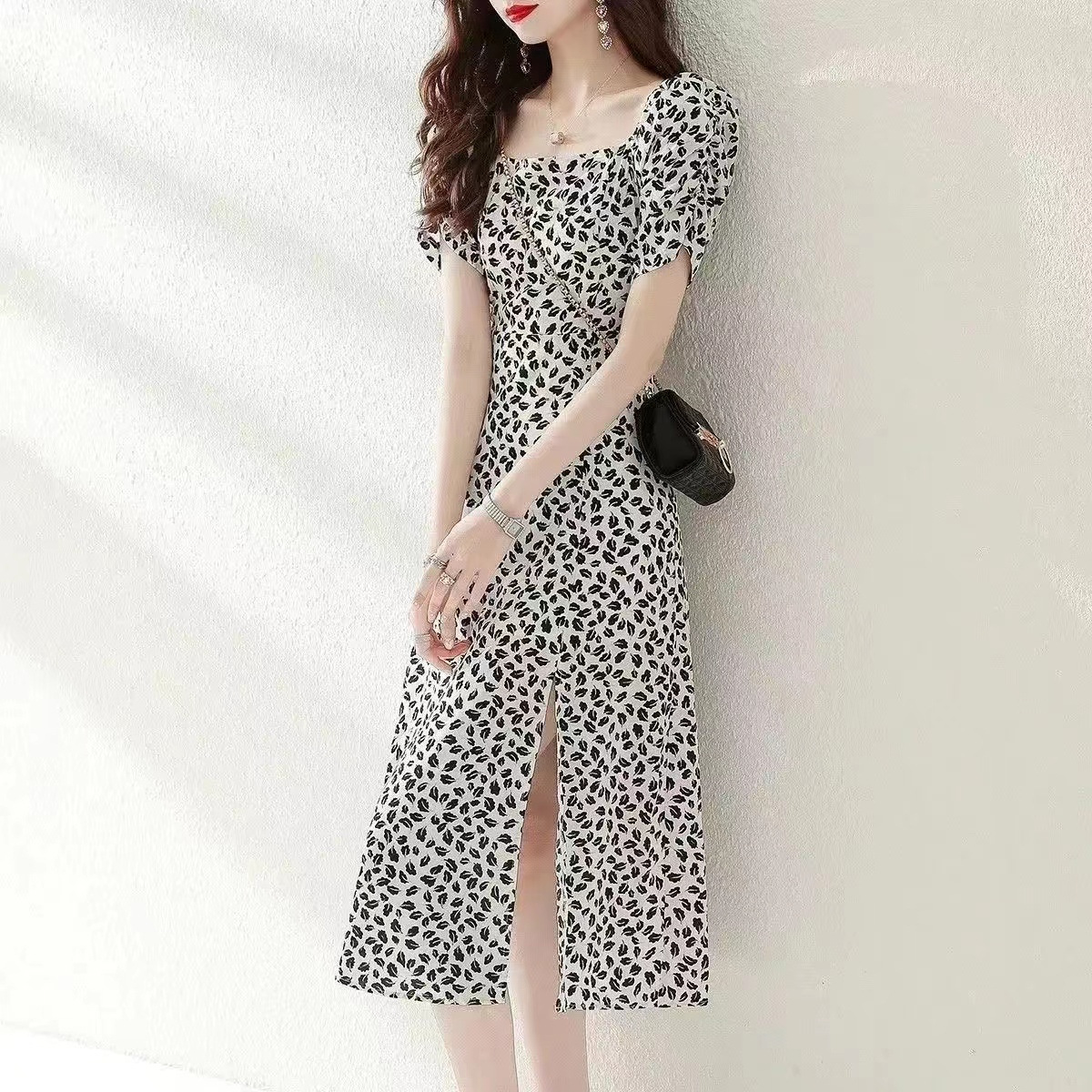 Summer Fashion Square Collar Dress For Women Short Sleeves A-line Skirt Sweet High Waist Printing Dress black 2XL