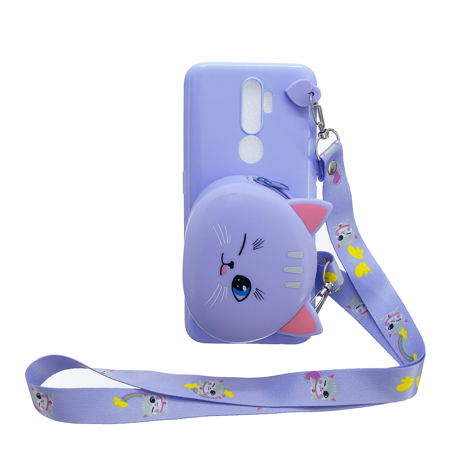For OPPO A83/A9 2020 Cellphone Case Mobile Phone TPU Shell Shockproof Cover with Cartoon Cat Pig Panda Coin Purse Lovely Shoulder Starp Purple