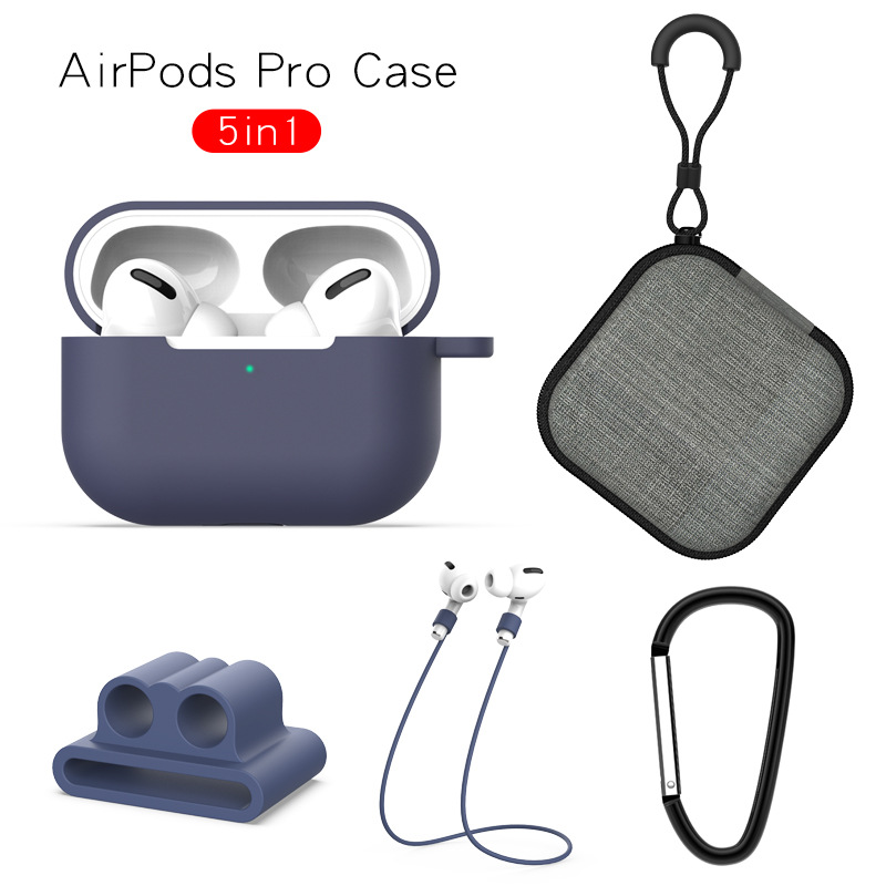 Earphone Protective Case for AirPods Pro Soft Silicone Cover+Carabiner+Anti-lost Strap+Wrist Holder+Storage Bag Blue