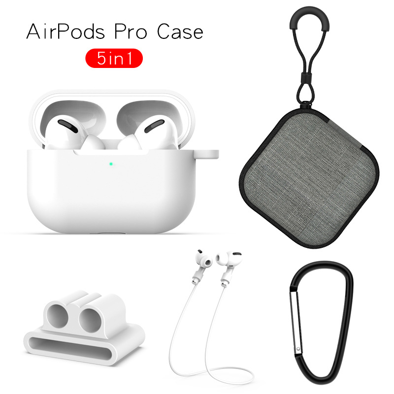 Earphone Protective Case for AirPods Pro Soft Silicone Cover+Carabiner+Anti-lost Strap+Wrist Holder+Storage Bag White