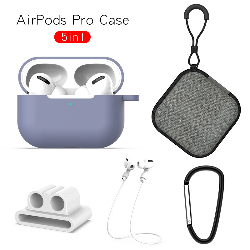Earphone Protective Case for AirPods Pro Soft Silicone Cover+Carabiner+Anti-lost Strap+Wrist Holder+Storage Bag Lavender-gray