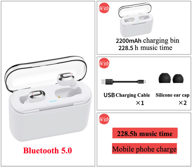 Bluetooth Earphone Sports Wireless Mini HiFi Handsfree Headphone Stereo Sound Earbuds Gaming Headset with Charging Box white