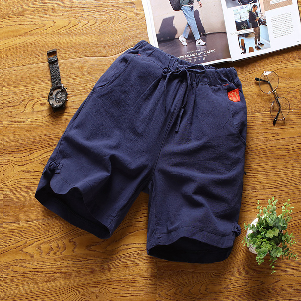 Summer Men Sports Shorts Middle Waist Drawstring Cotton Linen Loose Casual Cropped Pants navy blue L