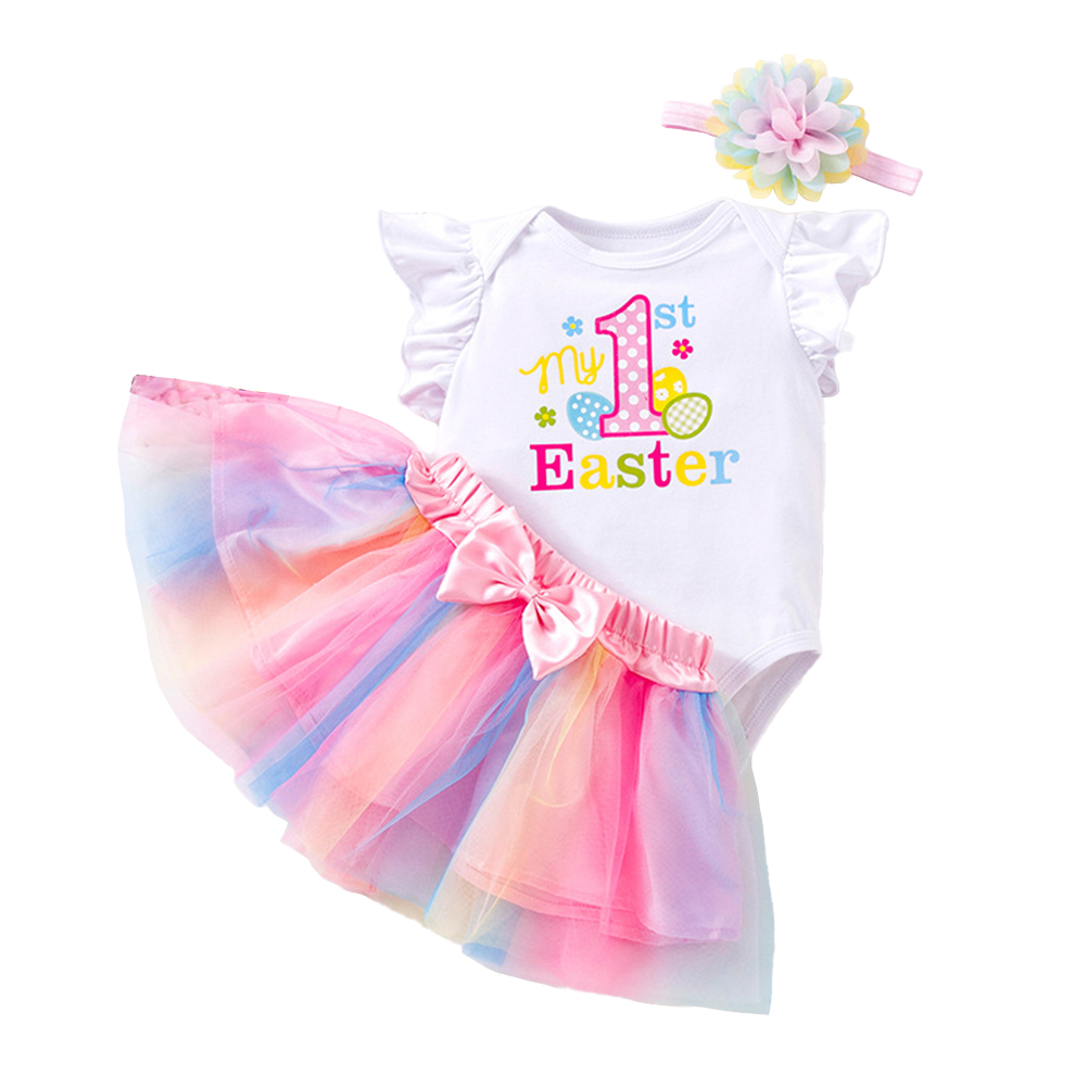 3pcs Baby Girls Skirt Set Flying Sleeve Romper Rainbow Princess Skirt With Headband For 0-2 Years Old Kids My first 12-18M 86