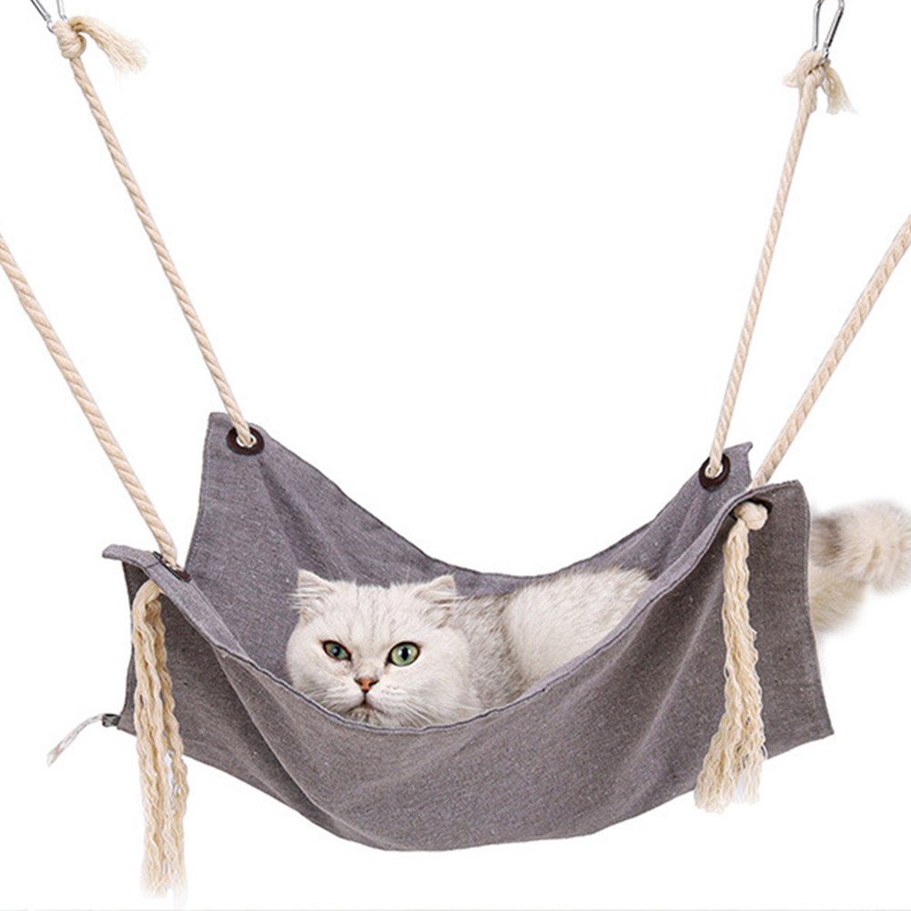 Summer Pet Hanging Nest Breathable Cotton Linen Tassels Hammock for Cats light grey_47*47CM