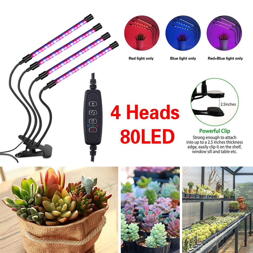 80 Led 4 Heads Grow  Light 3 Light Setting 10 Dimmable Levels 360 Degree Adjustable Plant Growing Lamp For Indoor Plant Hydroponics 4 heads