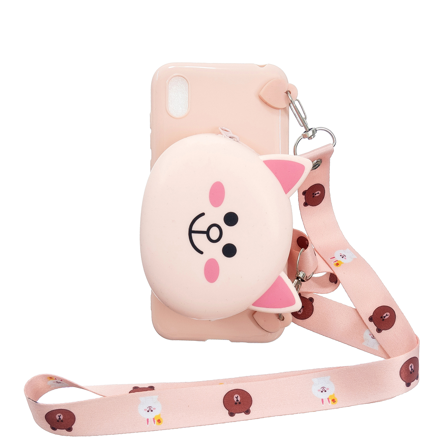 For HUAWEI Y5 2018/Y5 2019 Cellphone Case Mobile Phone Shell Shockproof TPU Cover with Cartoon Cat Pig Panda Coin Purse Lovely Shoulder Starp  Pink