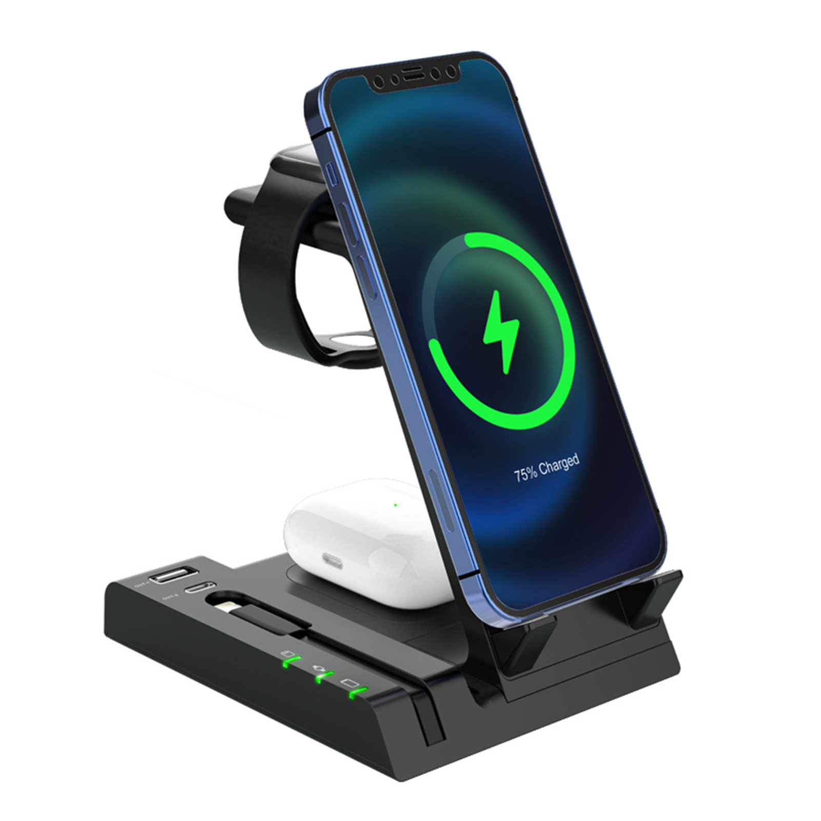 3-in-1 Wireless Charger Stand 15w Fast Charging Dock Station Compatible For Ios Headphones Watches Phones Black