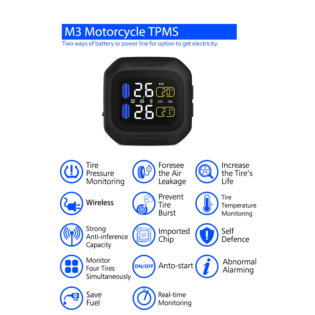 M3 Motorcycle TPMS Tire Pressure Monitoring System 2 External Sensor Wireless LCD Display Moto Auto Tyre Alarm Systems  Silver_M3-WF