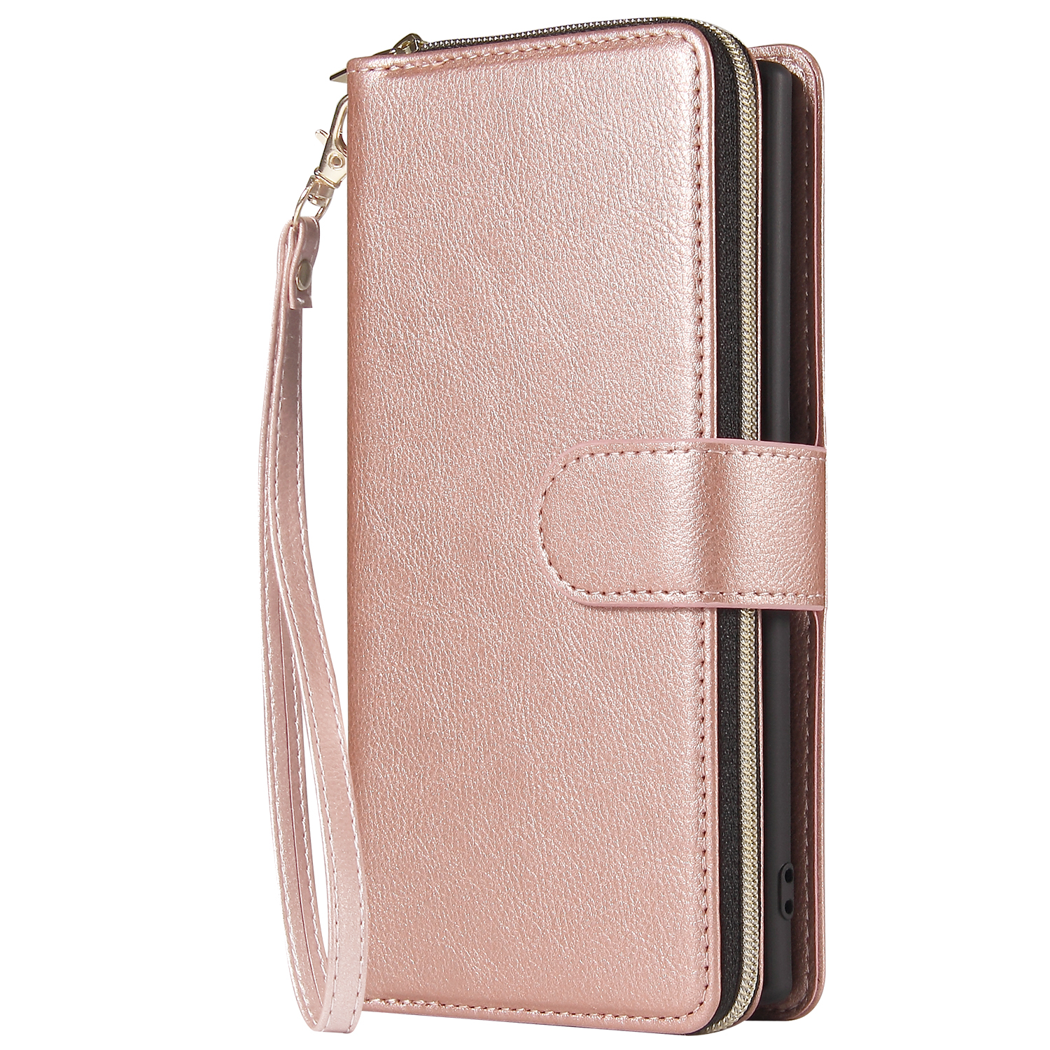 For Samsung A51 5G/A71 5G/Note 10 pro Pu Leather  Mobile Phone Cover Zipper Card Bag + Wrist Strap Rose gold