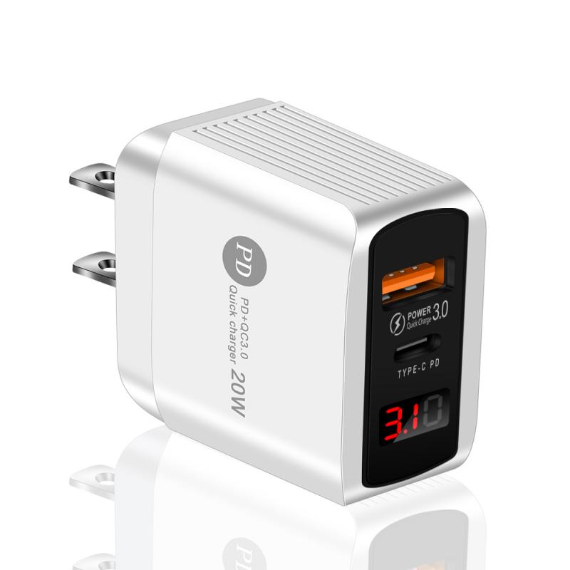Mobile Phone  Charging  Head PD 20W+QC 3.0 Digital Display Dual Port Fast Charge Charger White_US