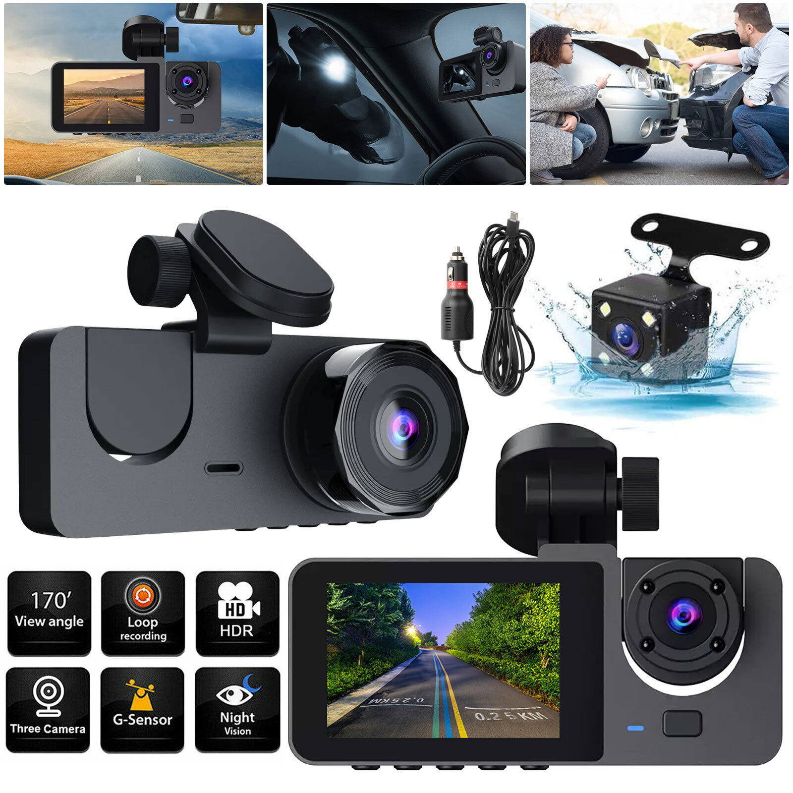 Y15 Car Dvr Dash Cam 3 Cameras Ips HD 1080P Wide Angle Video Recorder G-sensor
