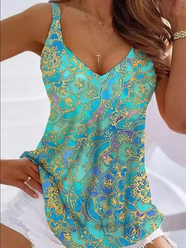 Women Sleeveless T-shirt Fashion V-neck Elegant Printing Casual Tank Tops For Party light blue M