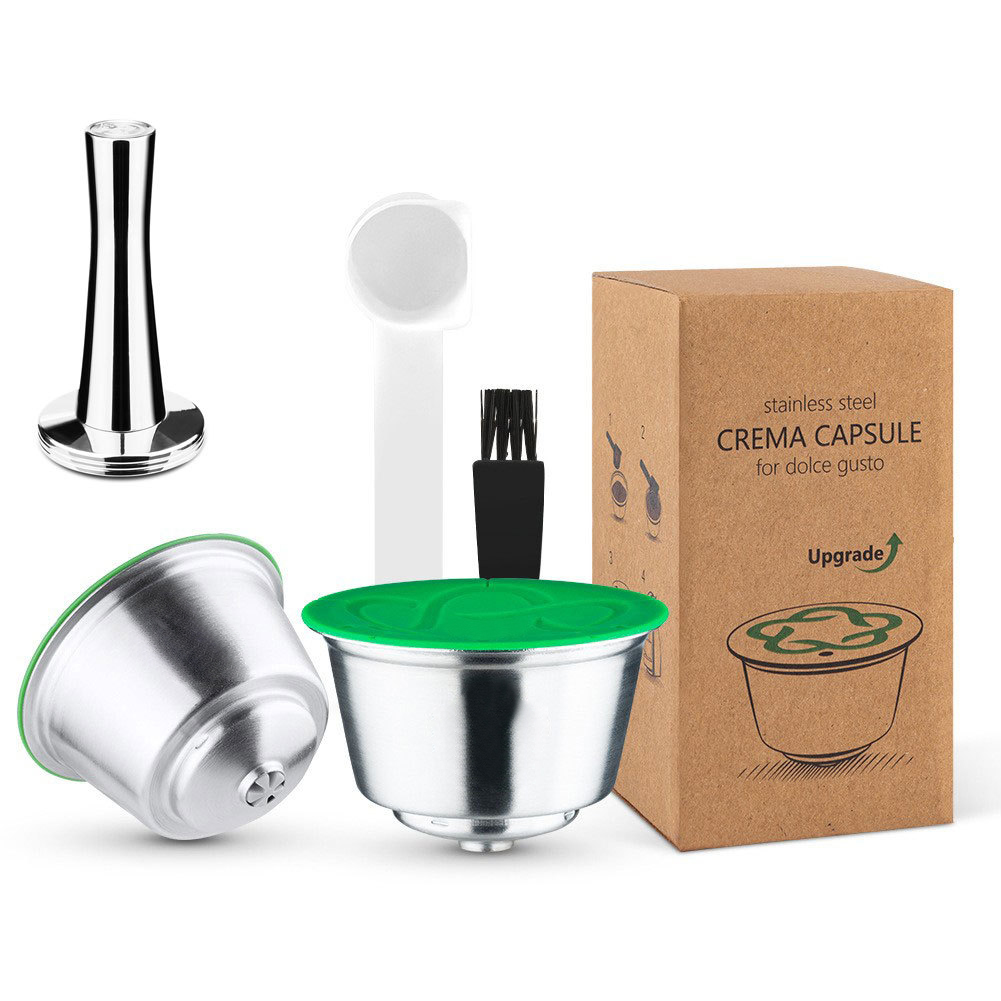 Reusable Coffee Capsule Filters Washable Corrosion-resistant Stainless Steel Refillable Coffee Pods 2 capsules + 1 powder hammer + scoop brush