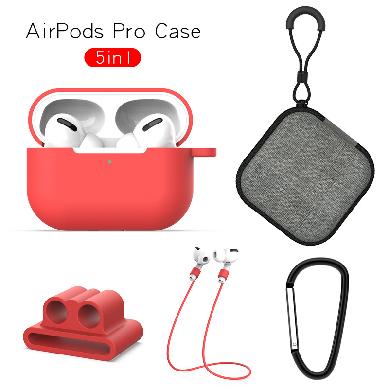 Earphone Protective Case for AirPods Pro Soft Silicone Cover+Carabiner+Anti-lost Strap+Wrist Holder+Storage Bag Red