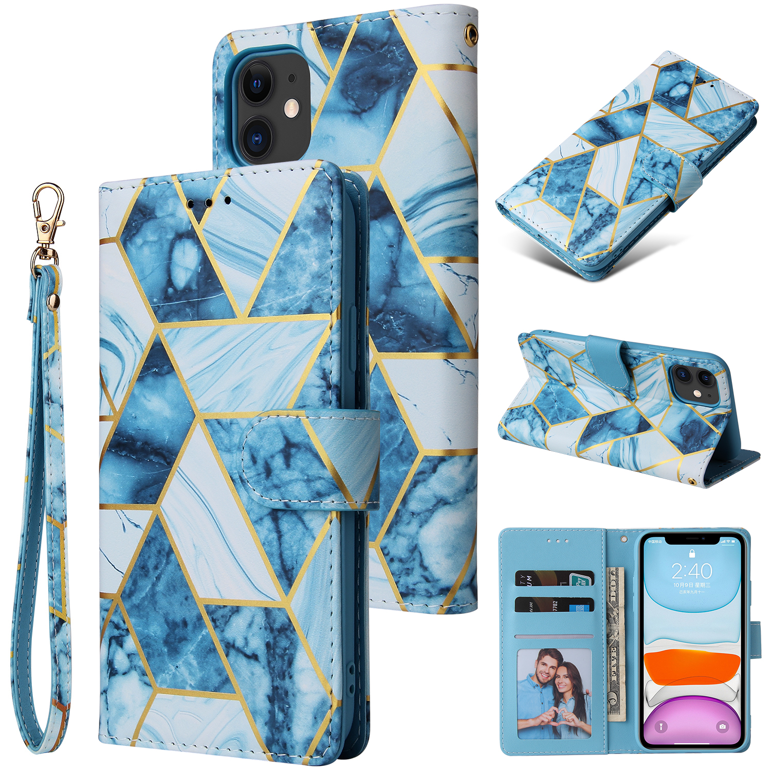 For Iphone 11 Mobile Phone Cover Inlay Gold Line Marble Pattern Flip Phone Leather Case blue