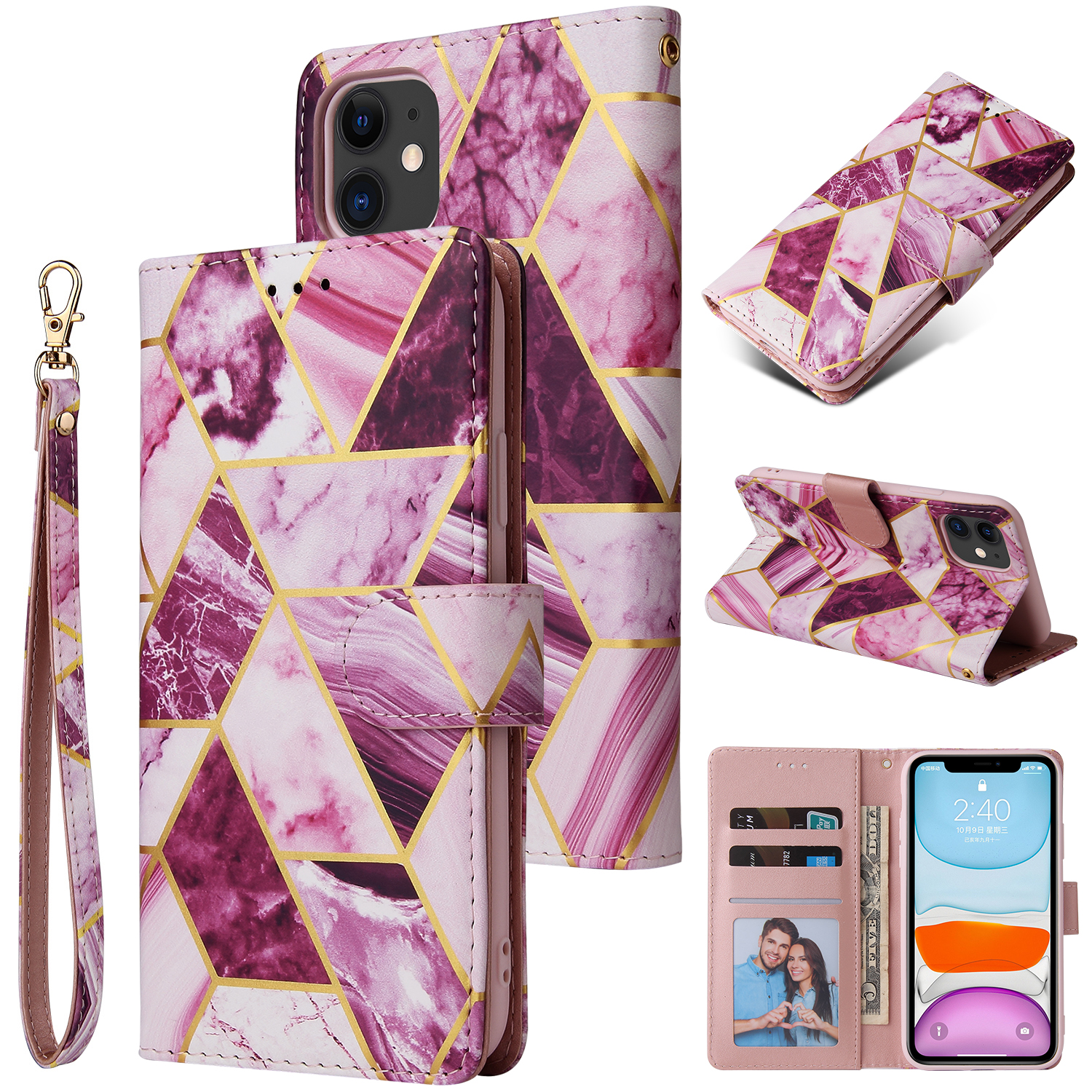 For Iphone 11 Mobile Phone Cover Inlay Gold Line Marble Pattern Flip Phone Leather Case purple