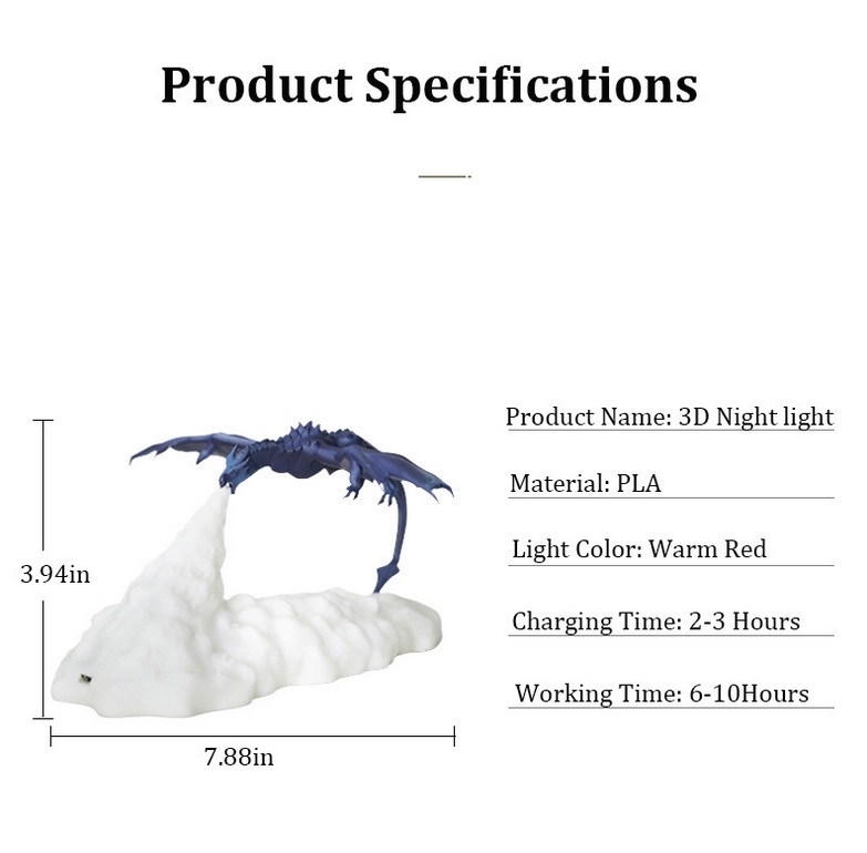 ZYS-3D Print Fiery Dragon Lamp Home Decor USB Charging Night Light monochrome