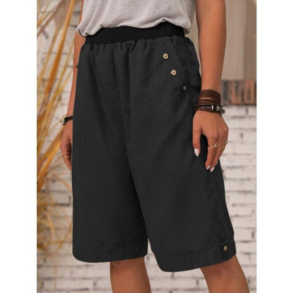 Women Cotton Linen Cropped Pants Casual Solid Color Large Size Straight Middle Waist Knee Length Pants black XXXL