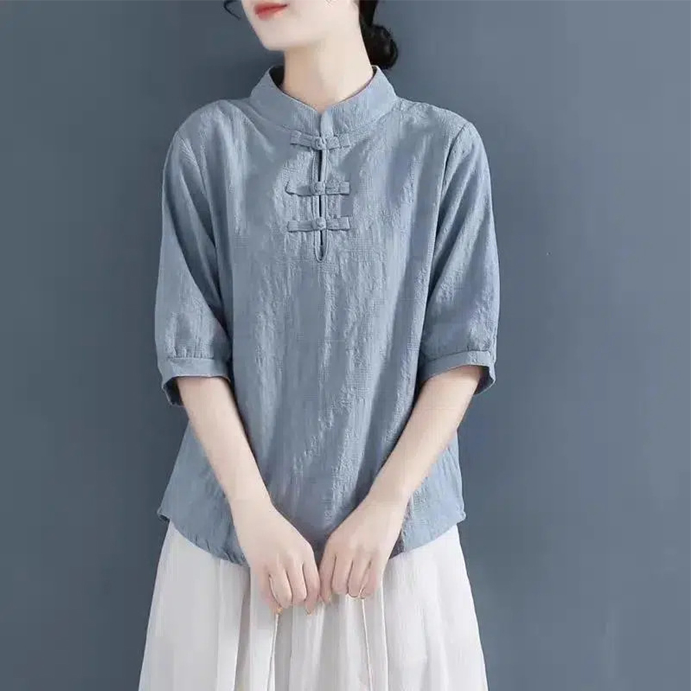 Women Cotton Linen Blouse Retro Chinese Style Stand Collar T-shirt Loose Casual Solid Color Pullover Tops blue 3XL
