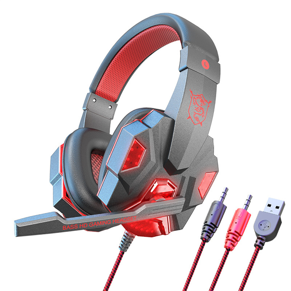 Sy830mv Wired Gaming Headset With Microphone 3.5mm Powerful Sound Headphones For Computer Pc Black and Red PC Luminous