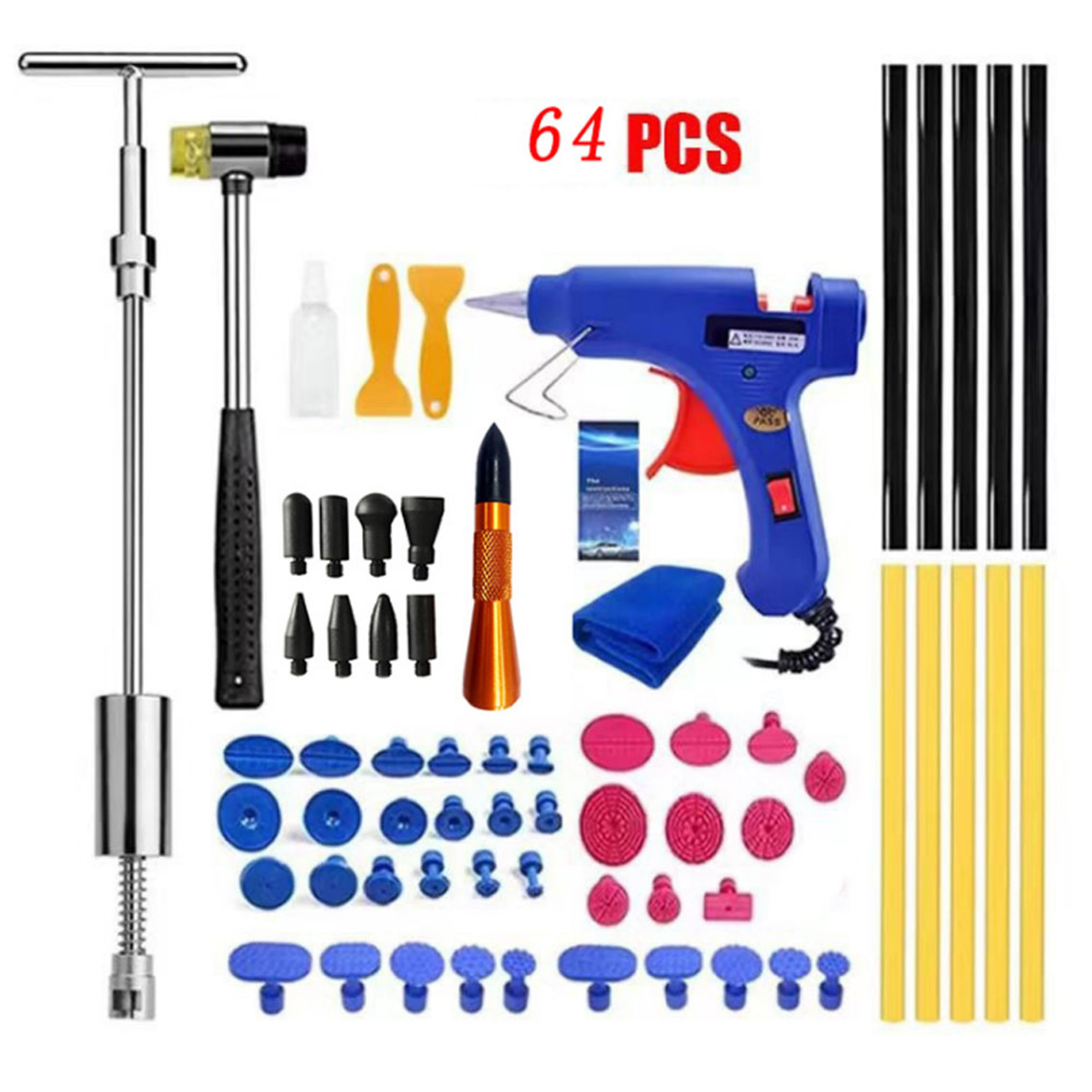 64Pcs Auto Dent Puller Kit, Paintless Dent Removal Tap Down Tools With Replacement Heads, T-bar Dent Puller, Glue Stick Heating Handle, Dent Repair Kit For Refrigerator 64 pieces
