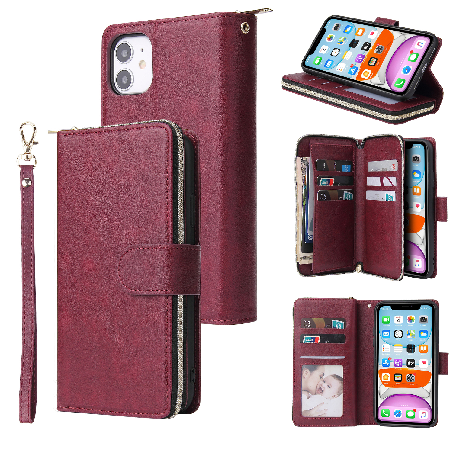 For iphone X/XS/XS MAX/11/11Pro Pu Leather  Mobile Phone Cover Zipper Card Bag + Wrist Strap Red wine
