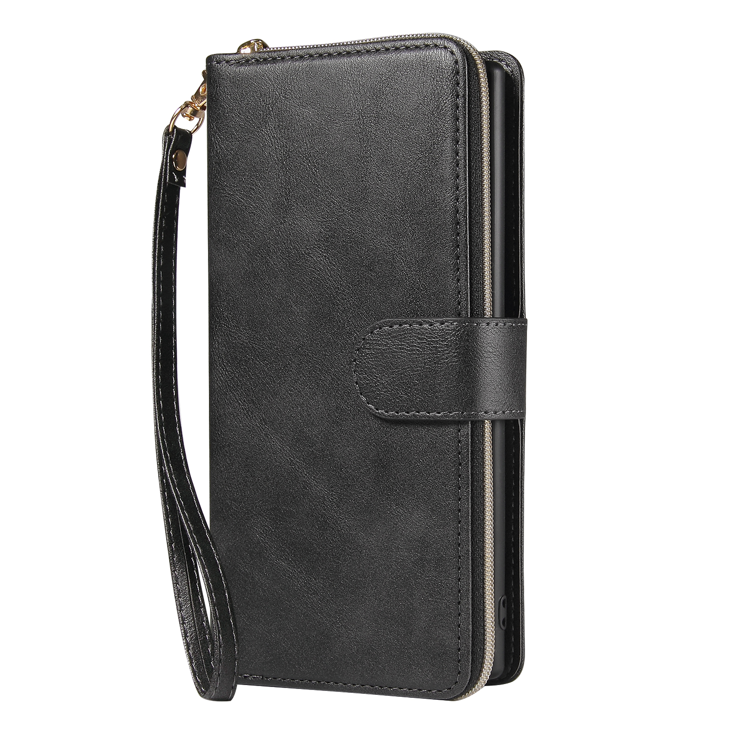 For Samsung A51 5G/A71 5G/Note 10 pro Pu Leather Mobile Phone Cover Zipper Card Bag + Wrist Strap black