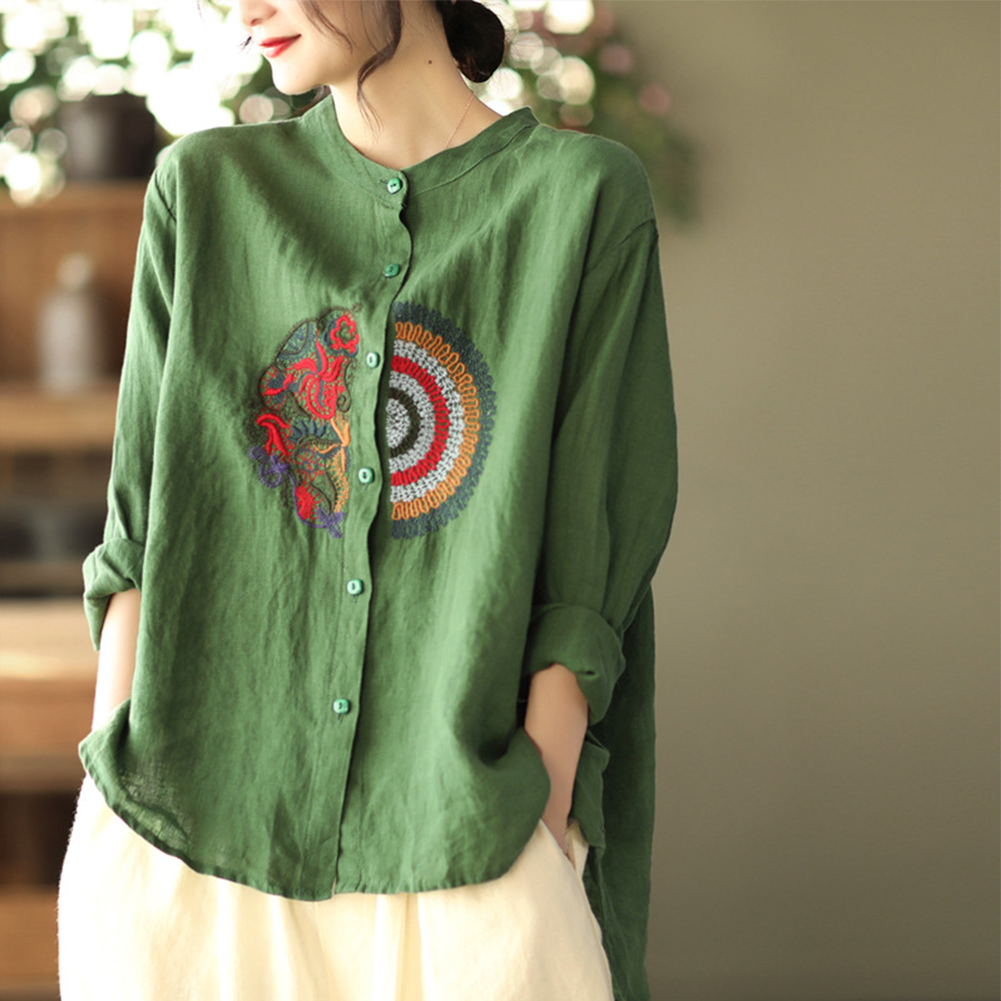 Women Retro Linen Long-sleeved Shirt Embroidered Solid Color Loose Casual Bottoming Shirt Tops Blouse green 4XL
